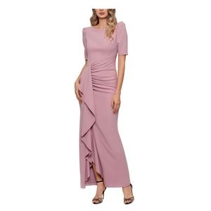 XSCAPE :Gathered Waterfall Ruffle Slitted Lined Dress (NWT)